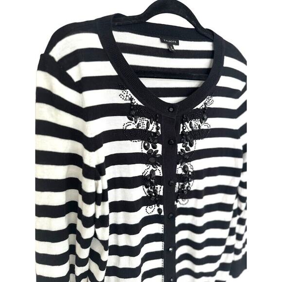 TALBOTS Womens Button Cardigan Sweater Beaded Black White Stripe Size Medium - Picture 2 of 7